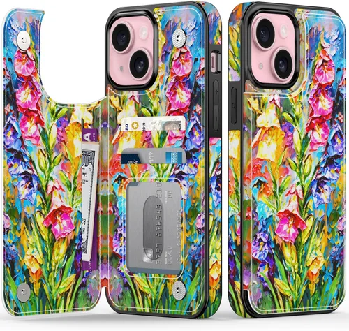 Vista 111 de FUNMIKO Funda tipo cartera para iPhone 15 con tarjetero + clip para efectivo, bloqueo RFID, protección contra caídas de grado militar y obras