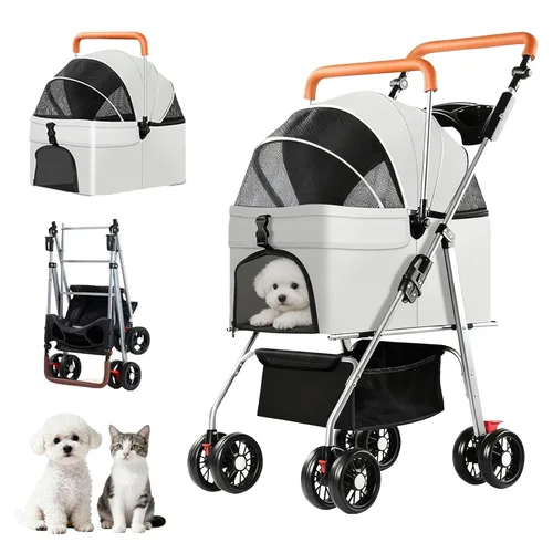 Vista 10 de YYW Cochecito para mascotas para perros y gatos pequeños, 3 en 1 plegable para gatitos, cachorros, carrito de paseo de viaje con portador extraíble