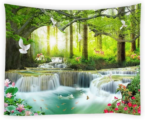 Vista 2 de YSATNSFT Tapiz de cascada, naturaleza, bosque, árbol, animales salvajes, amanecer, primavera, verano, paisaje, decoración del hogar, tapices, manta
