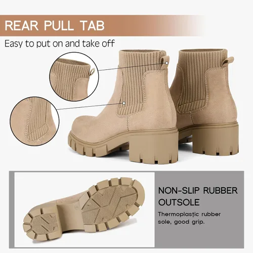 Vista 4 de FITORY Botas Chelsea para mujer, botines de tobillo elásticos con tacón medio grueso y suela con tacos, zapatos cómodos y modernos sin cordones