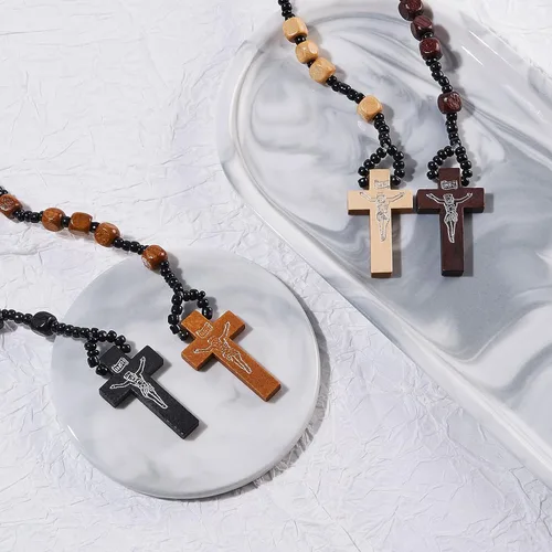 Vista 7 de Stuppendux Collar de rosario de cuentas de madera, cruz, crucifijo, oración católica, Jesús, para hombres y mujeres