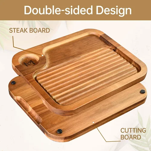 Vista 6 de Platos de bistec de madera de acacia, tabla de cortar carnívora para comer, plato de carne tallado de madera, bandeja para servir alimentos, tabla