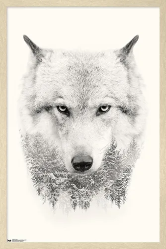 Vista 6 de Trends International Póster de pared de lobo - árboles, 14.725 x 22.375 pulgadas, versión enmarcada de madera de granero