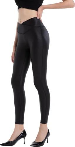 Vista 3 de HARTPOR Leggings de piel sintética para mujer, elásticos, de cintura alta, brillantes, pantalones de cuero, leggings de cuero, pantalones de yoga