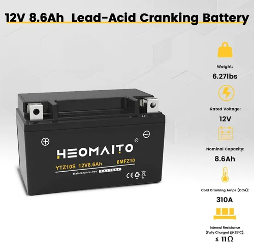 Vista 2 de Batería YTZ10S-BS, 12V 8.6Ah, 10HR, 310 CCA, 6MFZ10 Batería recargable sin mantenimiento SLA AGM para motocicleta, 1 paquete