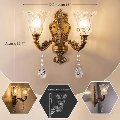 Vista 2 de Wellmet Aplique de pared dorado de 2 luces, lámpara de pared de tocador