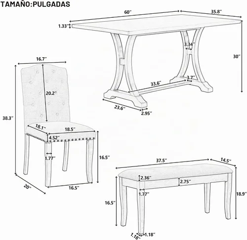 Vista 3 de Juego de mesa de comedor de 6 piezas estilo granja, mesa rectangular con soporte y 4 sillas tapizadas y banco, juego de muebles de cocina