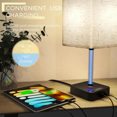 Vista 3 de COZOO - Lámpara de mesa y mesita de noche con control táctil de intensidad regulable de 3 vías, 3 puertos de carga USB y 2 tomas de corriente, base