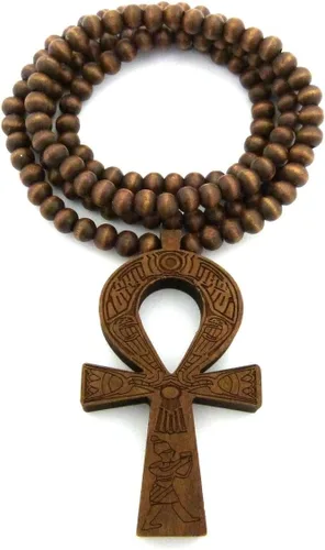 Vista 11 de Fashion 21 Colgante de cruz egipcia Ankh de 0.236 in, 27 pulgadas, collar de cuentas de madera elástico (3 colores disponibles)