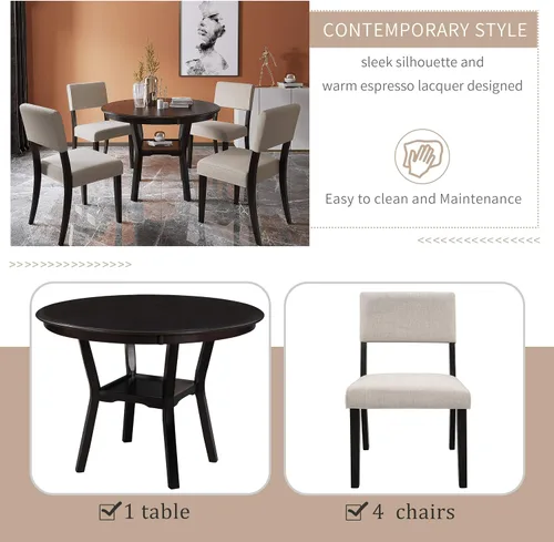 Vista 2 de FRANSOUL Juego de 5 mesas redondas de madera con estante inferior, 4 sillas tapizadas para comedor, cocina, comedor, desayuno familiar, color marrón