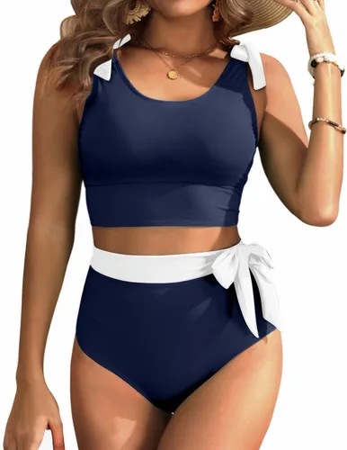 Vista 11 de Trajes de baño de dos piezas de cintura alta - Bikini con control de abdomen para mujer, traje de baño modesto 2 piezas 2025 Hot Red