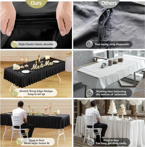 Vista 3 de Mantel de elastano negro para mesas rectangulares de 4 pies, mantel elástico ajustable con falda plisada con volantes para mesa de 48 x 24 pulgadas