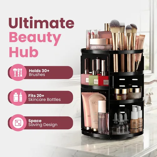 Vista 2 de Organizador de maquillaje giratorio de 360 grados – Altura ajustable y totalmente giratorio. El organizador de cosméticos perfecto para el tocador