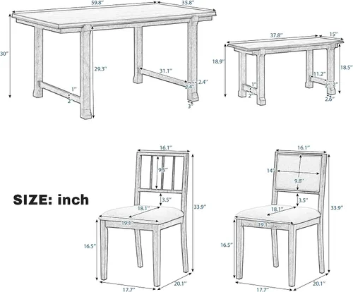 Vista 60 de Juego de mesa de comedor vintage de 6 piezas, juego de mesa de comedor de cocina de madera maciza con 4 sillas ergonómicas acolchadas y banco, mesa