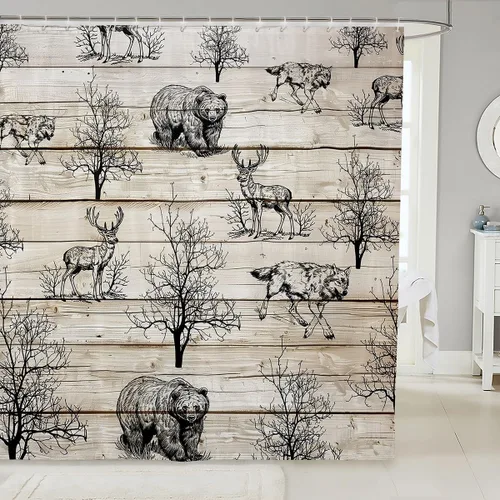 Vista 8 de Manfei Cortinas de ducha con diseño de oso de ciervo para niños, conos de pinos, cuernos de pata de animal, cortinas de baño impermeables con 12