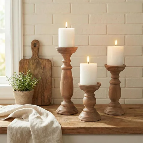Vista 3 de Juego de 3 portavelas de pilar de madera rústica de 12, 9 y 6 pulgadas, soporte de velas de madera estilo granja para centros de mesa, candelabros