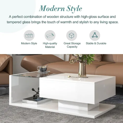 Vista 4 de P PURLOVE Mesa de centro para sala de estar, mesa de centro moderna con vidrio templado, mesa de cóctel de madera con superficie UV de alto brillo