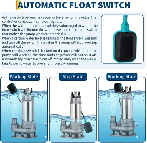 Vista 6 de Stainless Steel Submersible Sewage Pump 1.5 HP 6600GPH 64ft Head 110V