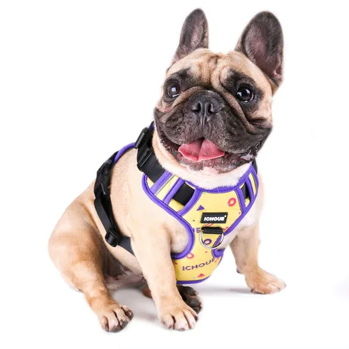 Vista 26 de iChoue Arnés para bulldog francés, ajustable, acolchado, hebilla bloqueada con asa para perros carlino francés, Boston Terrier inglés, azul, talla S