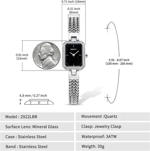 Vista 5 de BERNY Relojes de Plata para Mujeres Damas Conjunto de Reloj de Pulsera y Pulsera Delicado Reloj de Pulsera de Cuarzo Premium con Acentos de Cristal