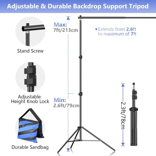 Vista 3 de EMART Kit de soporte de fondo para estudio de video fotográfico, sistema de soporte de fotografía ajustable de 7 x 10 pies con fondo de poliéster