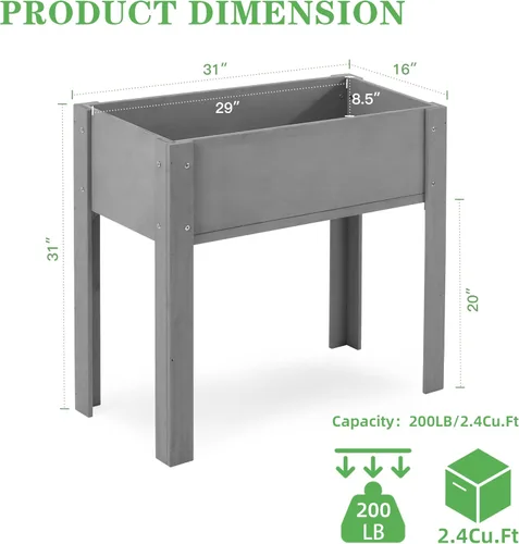 Vista 3 de Cama de jardín elevada con patas (31 x 16 x 31 pulgadas), maceta elevada de madera maciza para exteriores