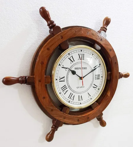 Vista 5 de Reloj de pared náutico marino antiguo de 18 "de madera para decoración del hogar