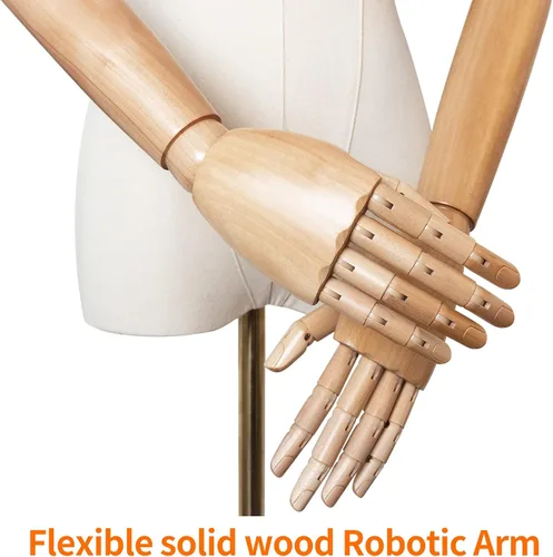 Vista 3 de Maniquí Cuerpo Vestido Femenino Forma Lino Tela Manikin Torso con Cabeza Desmontable Altura Ajustable Soporte de Metal, Dos Manos de Madera