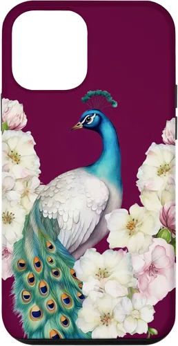 Vista 16 de iPhone 16 Peacock Bird with Long Feathers Watercolor Flowers Case