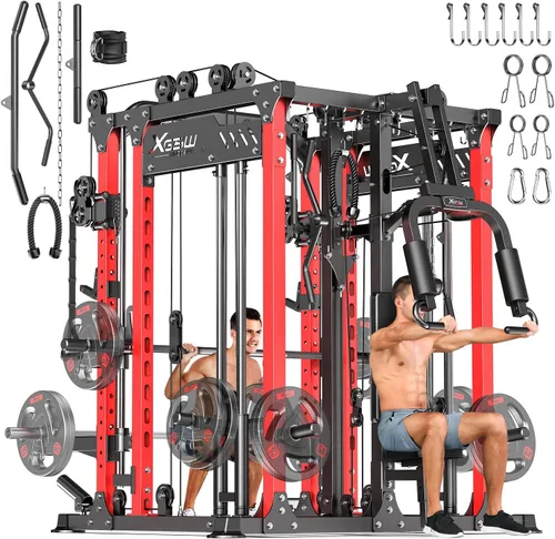 Vista 25 de Rack Multiusos para Sentadillas, Conjunto de Rack de Pesas Smith Machine con Sistema de Crossover de Cables, Racks de Potencia para Gimnasio