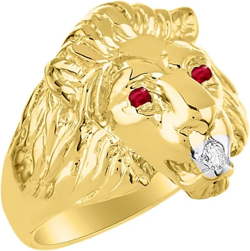 Vista 2 de Anillo de cabeza de león, chapado en oro amarillo, plata con diamante genuino en la boca y hermosa piedra de color precioso, piedra natal