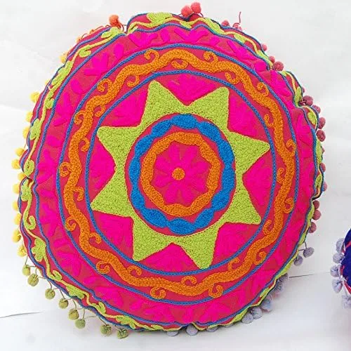 Vista 4 de Cojín redondo Suzani tradicional Jaipur bohemio, fundas de almohada bordadas de 16 pulgadas, fundas de almohada decorativas, cojines indios