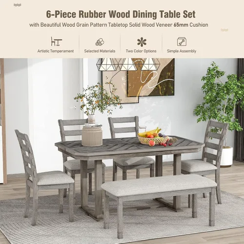 Vista 216 de Juego de mesa de comedor vintage de 6 piezas, juego de mesa de comedor de cocina de madera maciza con 4 sillas ergonómicas acolchadas y banco, mesa