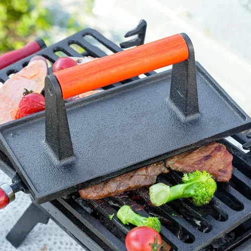 Vista 3 de Sungmor - Prensa de parrilla de hierro fundido resistente, 22.1 cm x 10.9 cm, prensa de hamburguesa rectangular, aplastador de tocino con mango