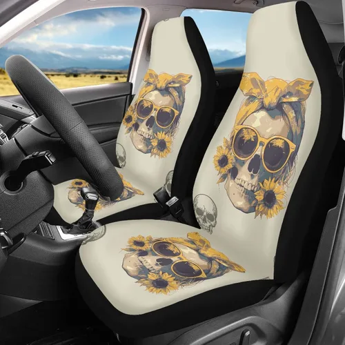 Vista 2 de Mumeson Fundas protectoras de asiento delantero de automóvil con estampado de calavera y girasol, fundas elásticas para asiento de automóvil, 2