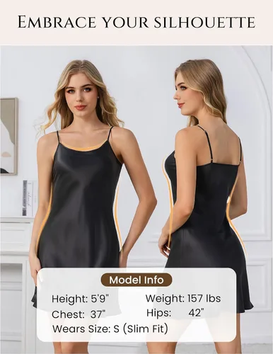 Vista 4 de THXSILK Camisón de seda para mujer, 100% seda de morera 19 Momme real, cuello redondo, tirantes delgados, camisón de seda para dormir Negro