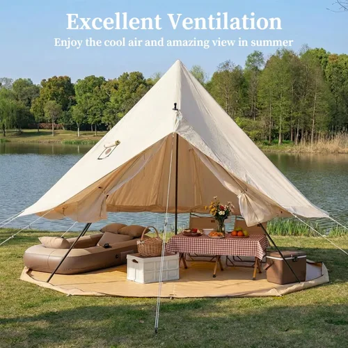 Vista 3 de Tienda de campaña Bell Yurt con gato de estufa, tienda de campaña de lujo impermeable para 4 estaciones, tela Oxford 420D, tiendas de campaña verde