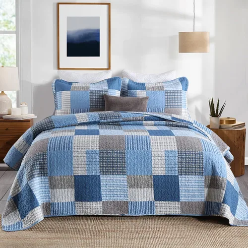Vista 17 de Y-PLWOMEN Colchas 100% algodón tamaño Queen Farmhouse Plaid 3 piezas ropa de cama Azul y marrón