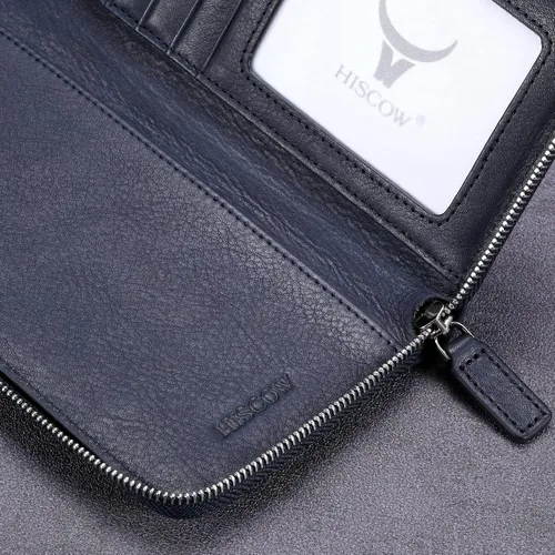 Vista 9 de HISCOW Funda de cuero para chequera, billetera con cremallera, color azul Aniline Cuero Azul