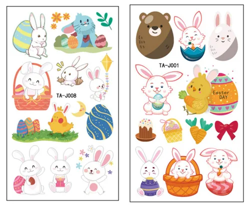 Vista 6 de 10 hojas (110 unidades) Tatuaje temporal de Pascua para niños, calcomanías de tatuaje de huevos de conejo, manos faciales disponibles, decoraciones