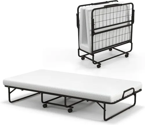 Vista 12 de HAPPYGRILL Cama enrollable, cama plegable con colchón de espuma viscoelástica de 5 pulgadas, marco de acero resistente, 4 ruedas universales, cama
