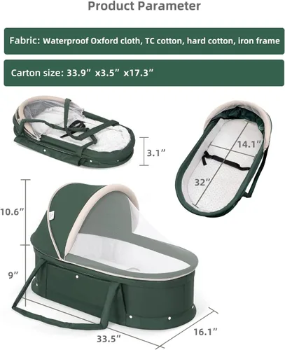 Vista 7 de Cuna de viaje para bebé portátil con dosel 2 en 1 para recién nacido - verde