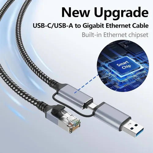 Vista 4 de Jadaol Cable USB-C/USB-A a Ethernet de 3 pies, adaptador USB-A integrado, LAN Gigabit RJ45 de hasta 1 Gbps, Plug & Play para la mayoría