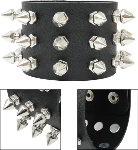 Vista 4 de 2 pulseras exageradas de piel sintética negra con remaches con tachuelas, pulsera ancha gótica punk rock estilo joyería para hombres y mujeres