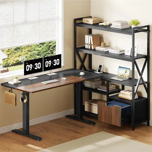 Vista 9 de Escritorio eléctrico en forma de L de 63 pulgadas con 3 cajones, mesa de computadora de almacenamiento, altura ajustable con tomas de corriente, 4