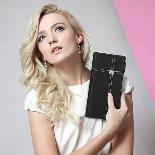 Vista 6 de Pomelo Best Cartera para mujer con bloqueo RFID, de piel auténtica, con múltiples tarjetas de crédito, gran capacidad, con cremallera alrededor