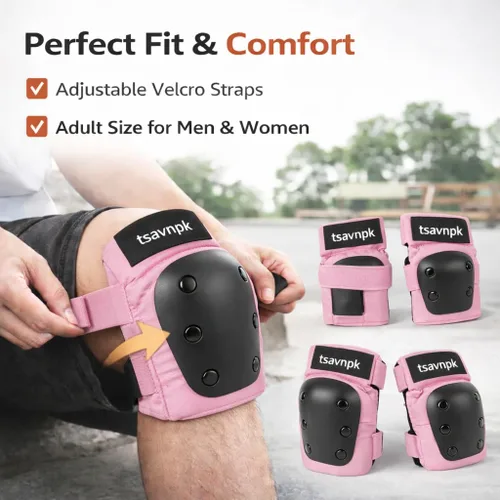 Vista 2 de Knee and Elbow Pads Set for Women & Teens – Pink Skateboarding Protective Gear with Wrist Guards, Adjustable Skate Pads for Roller Skating, Inline