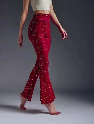 Vista 4 de Anlaey Pantalones de baile de malla transparente para rave, con lentejuelas brillantes, acampanados, cintura alta, para festivales, clubes, trajes