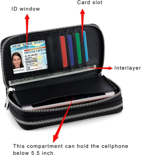 Vista 2 de Cartera de pulsera con doble cremallera para mujer, cartera larga para teléfono celular (estria negra Litchi), Negro