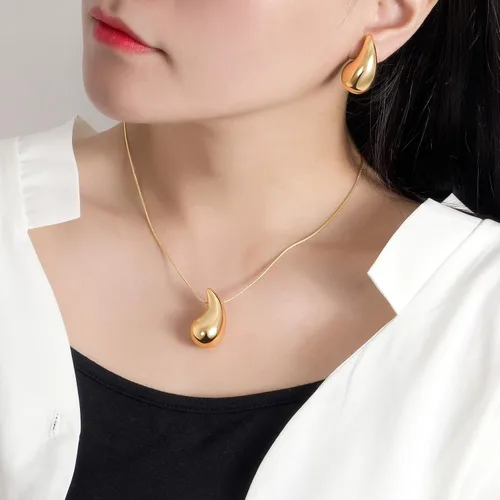 Vista 5 de UNIJEJFU Juego de aretes y collar de lágrima de oro y plata, aretes de aro gruesos, ligeros, aretes Bottega Dupes, collar con colgante de gota